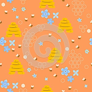 Seamless pattern of bees, beehives and flowers. Vector graphics