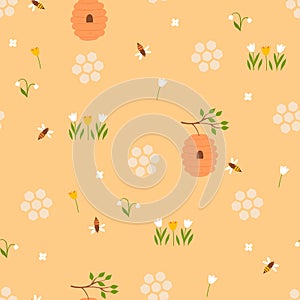 Seamless pattern with bees, flowers and beehives. Vector graphics