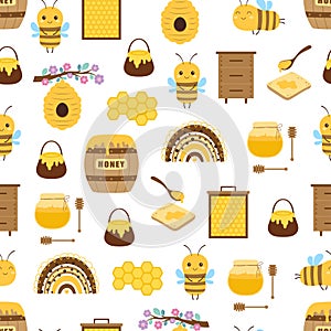 seamless pattern with bees and honey