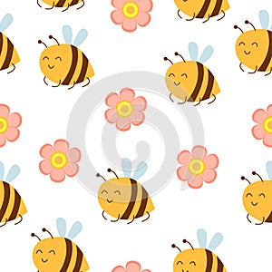 Seamless pattern with bees and pink flowers. Simple flat cartoon style. Cute and funny. Summer and spring. Easter holiday decorati