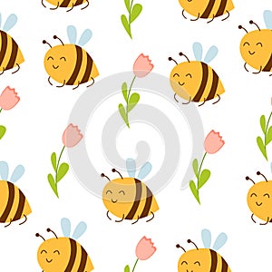 Seamless pattern with bees and pink flowers. Simple flat cartoon style. Cute and funny. Summer and spring. Easter holiday decorati