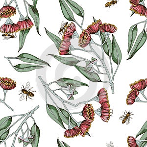 Seamless pattern with bees pollinating blooming eucalyptus.