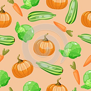 Seamless pattern on beige background with zzucchini, pumpkin and cabbage. Colourful handdrawn vector background.
