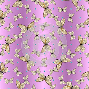 Seamless pattern of beige and brown butterflies and turquoise dots, on a purple-pink background, gradient