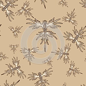 Seamless pattern beige color. Sea animal. Glaucus atlanticus. Sketch scratch board imitation.