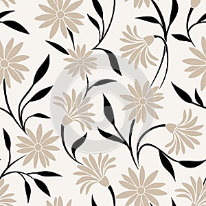 Seamless pattern with beige flowers and black leaves. Vector illustration.