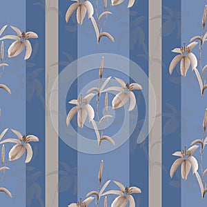 Seamless pattern beige flowers on a blue background with beige vertical stripes. Watercolor