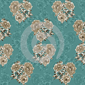 Seamless pattern of beige wild flowers of the peony on a green background. Watercolor