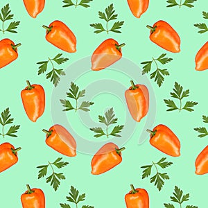 Seamless pattern of bell pepper and parsley on a neutral background
