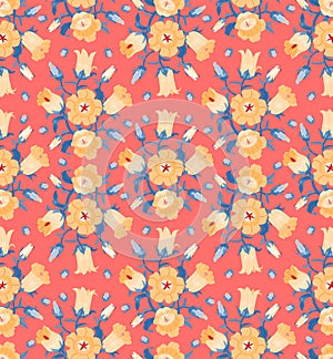 Seamless pattern with bellflowers and leaves oaf in vintage style on a red background