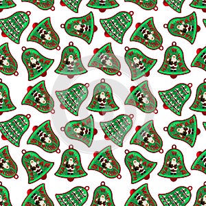 A seamless pattern of bells with figures of Santa Claus, wishes of Merry Christmas and New Year