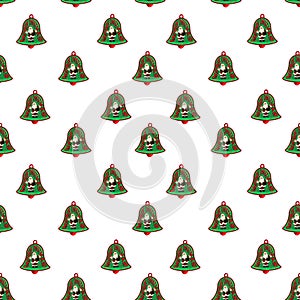 A seamless pattern of bells with figures of Santa Claus, wishes of Merry Christmas and New Year