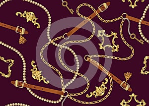 Seamless pattern with belts, chain, braid, Golden Key and pearls.  Baroque print. Background for fabric design