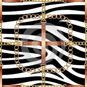 Seamless pattern with belts, chains and rope on zebra skin background