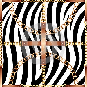 Seamless pattern with belts, chains and rope on zebra skin background