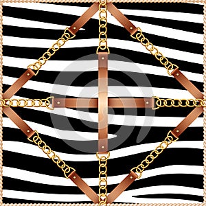 Seamless pattern with belts, chains and rope on zebra skin background