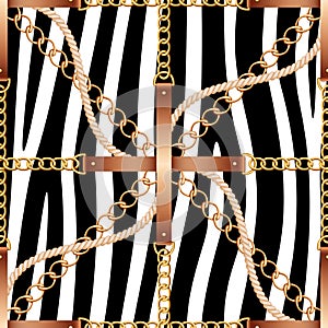 Seamless pattern with belts, chains and rope on zebra skin background