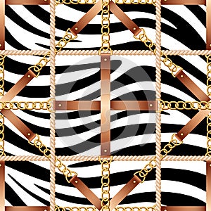 Seamless pattern with belts, chains and rope on zebra skin background