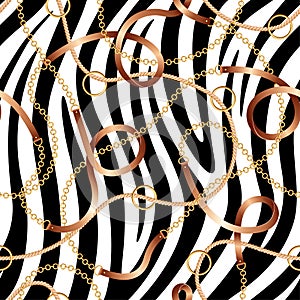 Seamless pattern with belts, chains and rope on zebra skin background