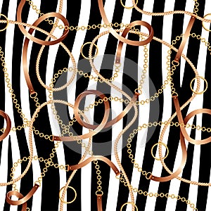 Seamless pattern with belts, chains and rope on zebra skin background