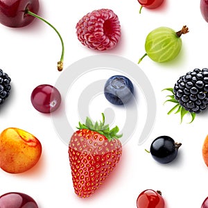Seamless pattern of berries isolated on white background, flat lay, top view