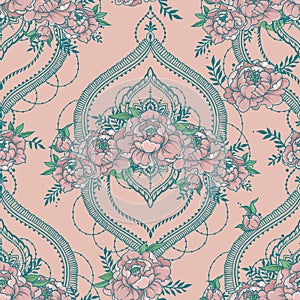 Seamless pattern with beutiful peonies and mendi style deorative frames