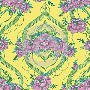 seamless pattern with beutiful peonies and mendi style deorative frames