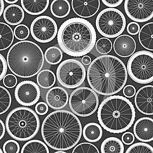 Seamless pattern with bicycle wheels. Bike rubber tyre silhouettes. Fitness cycle, road and mountain bike. Vector