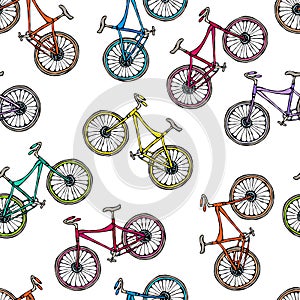 Seamless Pattern of Bicycles. Endless Bike Background. Realistic Hand Drawn Illustration. Savoyar Doodle Style.