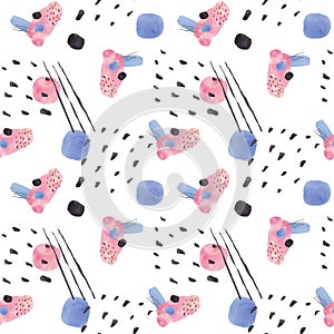 Seamless pattern with big blue, pink and black blots and brush strokes painted in watercolor on white background