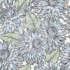 Seamless pattern with big dahlia flowers. Vector floral illustration.