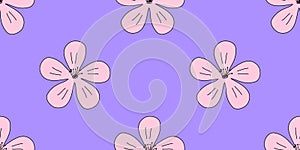 Seamless pattern with big pink sakura or cherry blossom flowers head on violet, doodle style vector