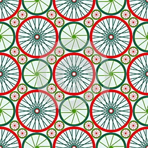 Seamless pattern with bike wheels. Bicycle wheels with colored rims and spokes.