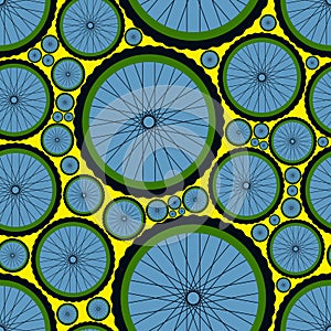 Seamless pattern with bike wheels. Bicycle wheels with tires, rims and spokes.