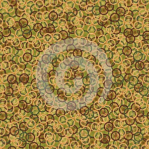 Seamless pattern with bike wheels in khaki camouflage style. Bicycle wheels with colored tire, rims and spokes.