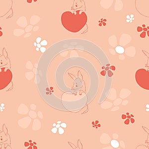 Seamless pattern with bilby animal with heart on peach background with flowers in hand drawn doodle style. Vector