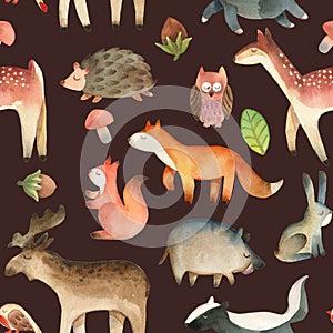 Seamless pattern with bird, elk, moose, owl, leaf, hazelnut, mushroom, squirrel, hedgehog, deer, fox, heart, rabbit, boar, badger