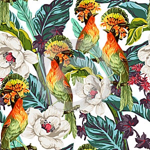 Seamless pattern with bird and exotic flowers