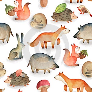 Seamless pattern with bird, owl, leaf, hazelnut, mushroom, squirrel, hedgehog, deer, fox, hare, rabbit, boar