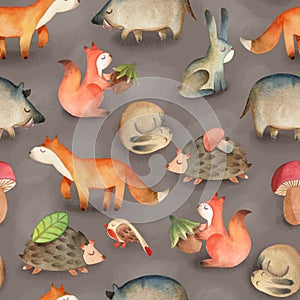 Seamless pattern with bird; owl; leaf; hazelnut; mushroom; squirrel, hedgehog, deer, fox, hare, rabbit, boar