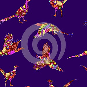 Seamless pattern of bird pheasant, vector silhouettes.