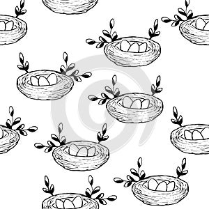 Seamless pattern with Bird's Nest, Easter eggs and branches isolated on white background. Natural interlacing. Black and