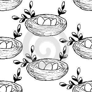 Seamless pattern with Bird's Nest, Easter eggs and branches isolated on white background. Natural interlacing. Black