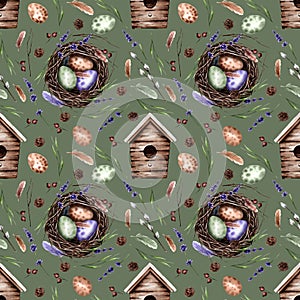 Seamless pattern with bird`s nest and eggs for Easter on a green background. Branches, feathers, birdhouse nest, lavander. Spring