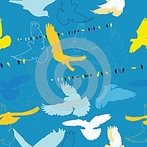 seamless pattern with bird silhouette and contour