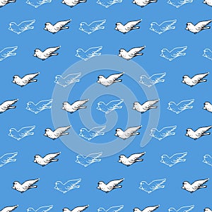 Seamless Pattern with Bird Vector Silhouette Drawing in Blue Background Color photo