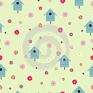 Seamless pattern birdhouses, Gazinia and roses flowers on green background. Country garden spring repeat motif, vector design eps