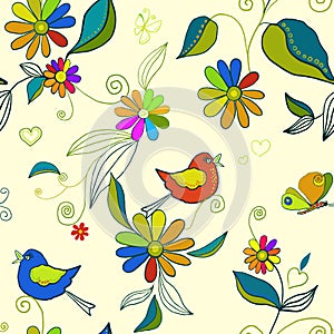 Seamless pattern with birds, butterflies, anemones, wild flowers and rainbow colors. Small chamomile in vintage watercolor and
