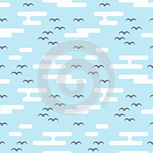 Seamless pattern with birds and clouds. Flat style.