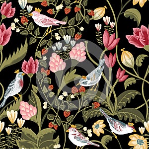 Seamless pattern birds flower allover design with background